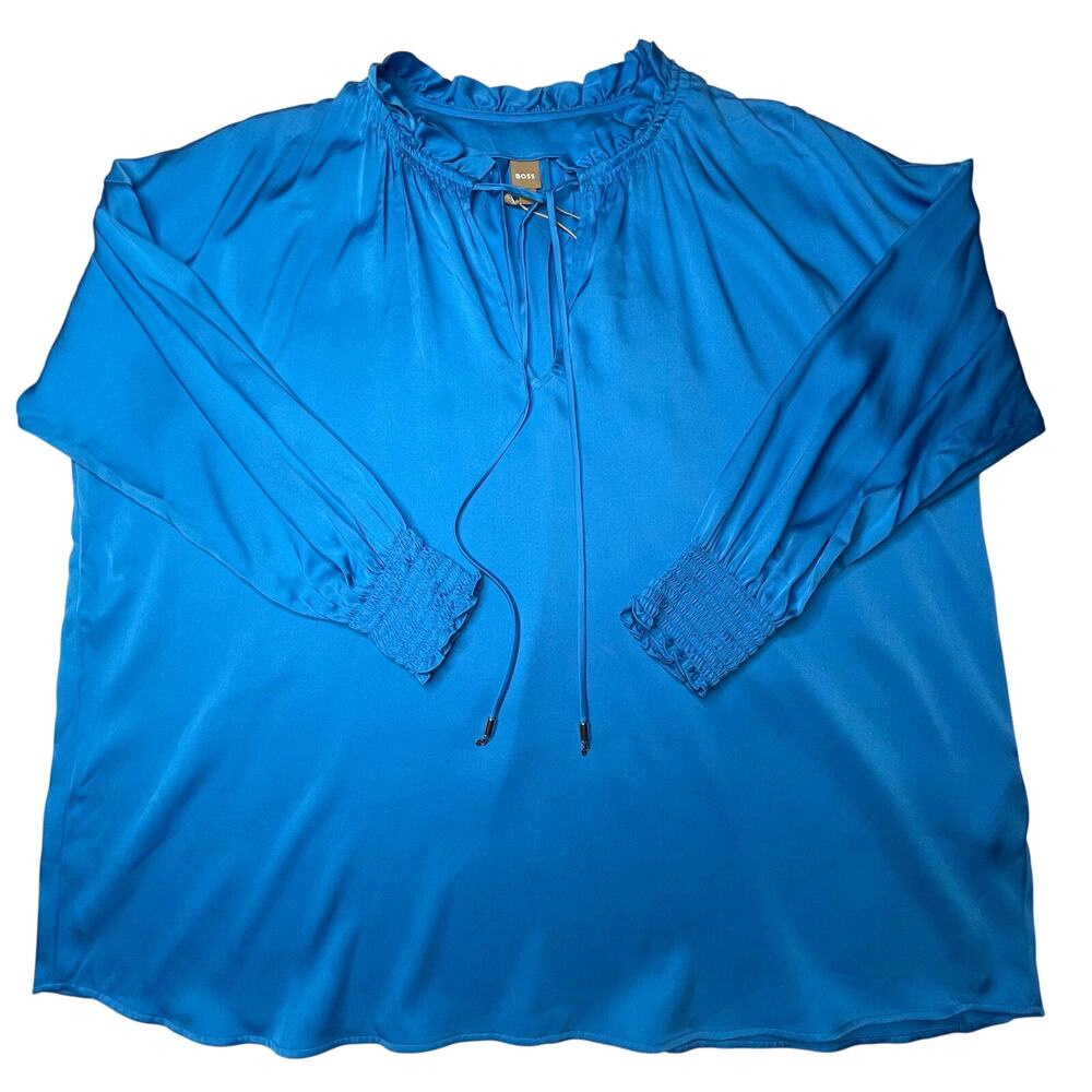 BOSS Womens Baratina Silk Blend size 8 Blue Blouse Long Sleeve Designer New - Picture 4 of 10